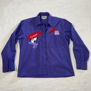True Vintage Women's L/S Embroidered Red Hat Button Down Purple Shirt Las Olas S